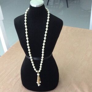 Vintage Pearl & Gold Color Beaded Necklace goes over the head pearls not real.